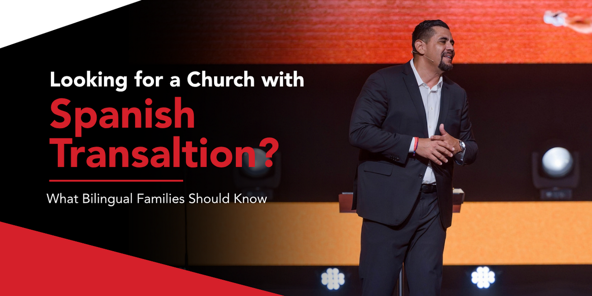 A bilingual family attending a Sunday service at Action Church with Spanish translation available through headphones.